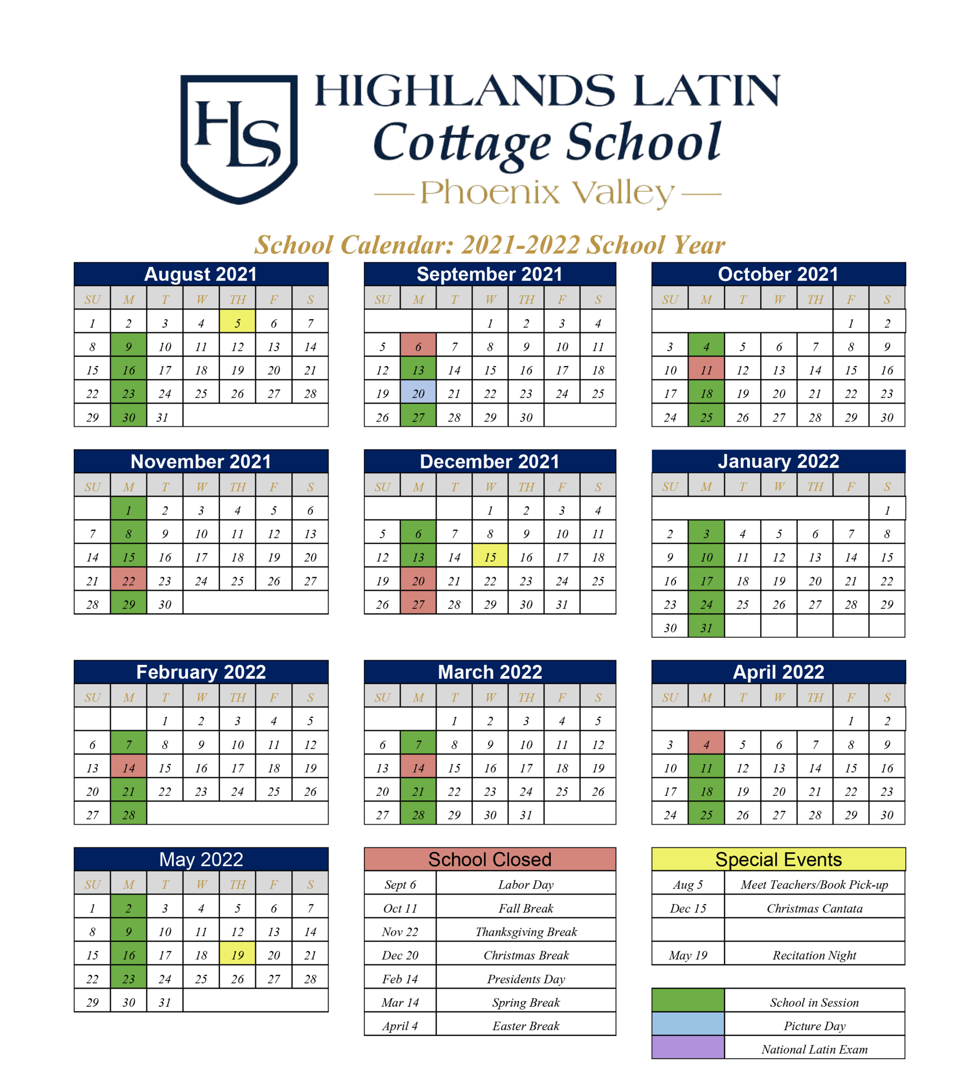 Highlands Latin Cottage School Phoenix Valley 2021 2022 School Calendar