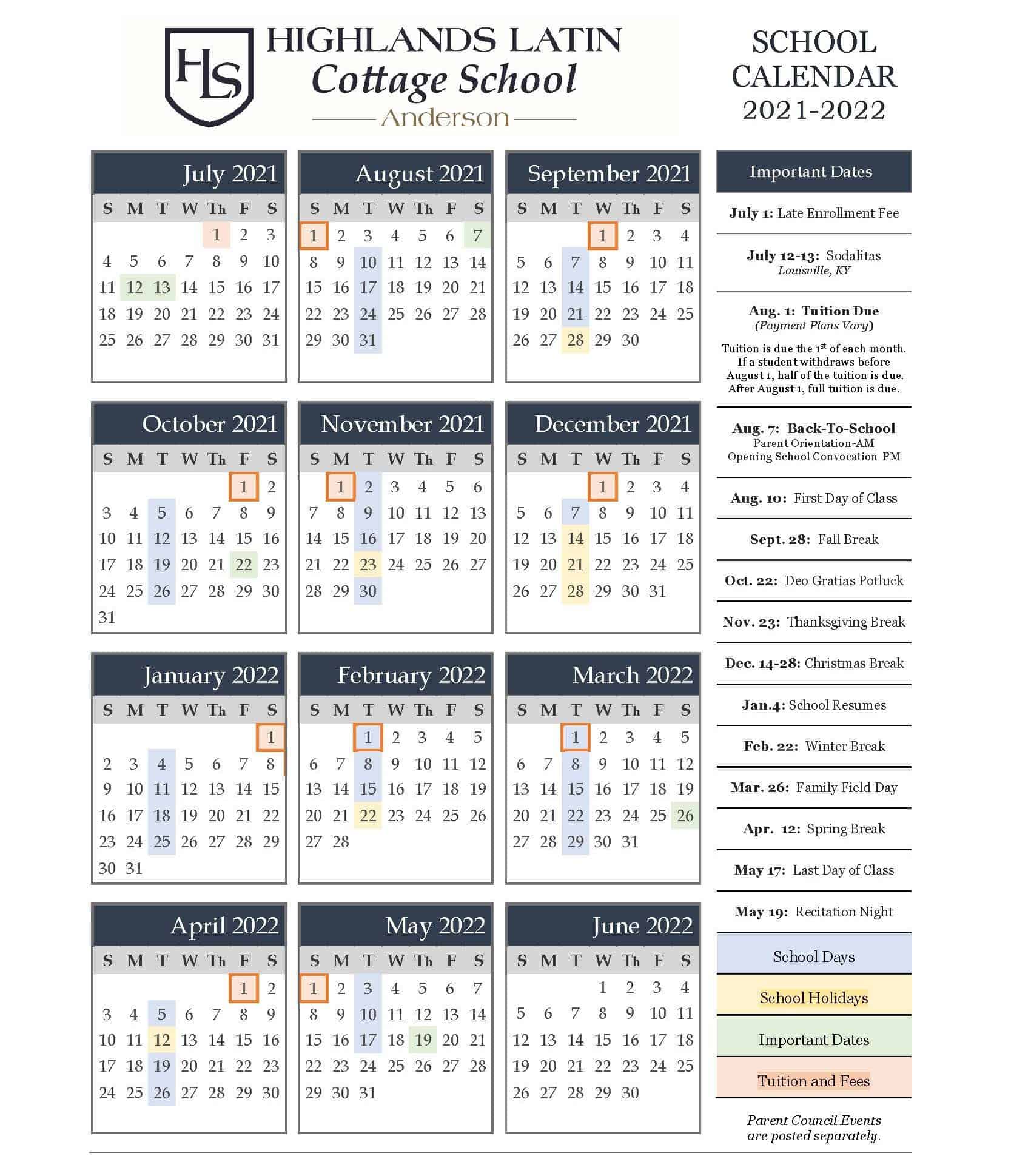 HLS Highlands Latin Cottage School Anderson 2021 2022 School Calendar